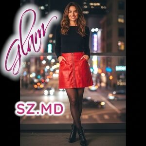 Glam Red Vegan Leather Zip Front Mini Skirt Sz.Md